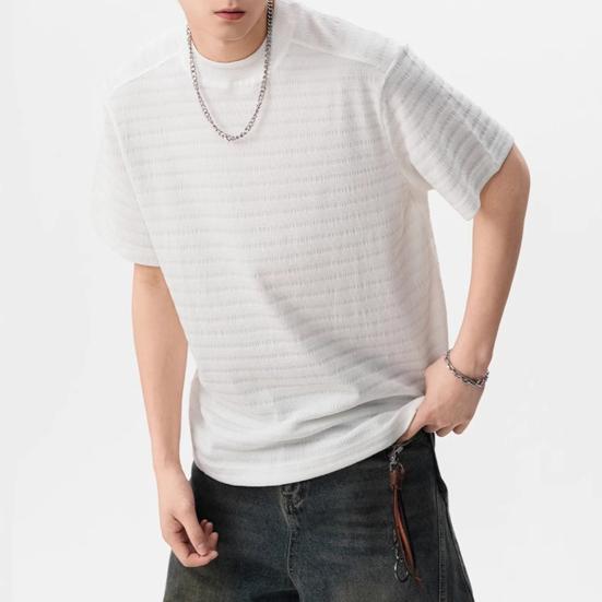 Men T-shirt Round Neck Short Sleeve 3D Striped Jacquard Design Tee Shirt