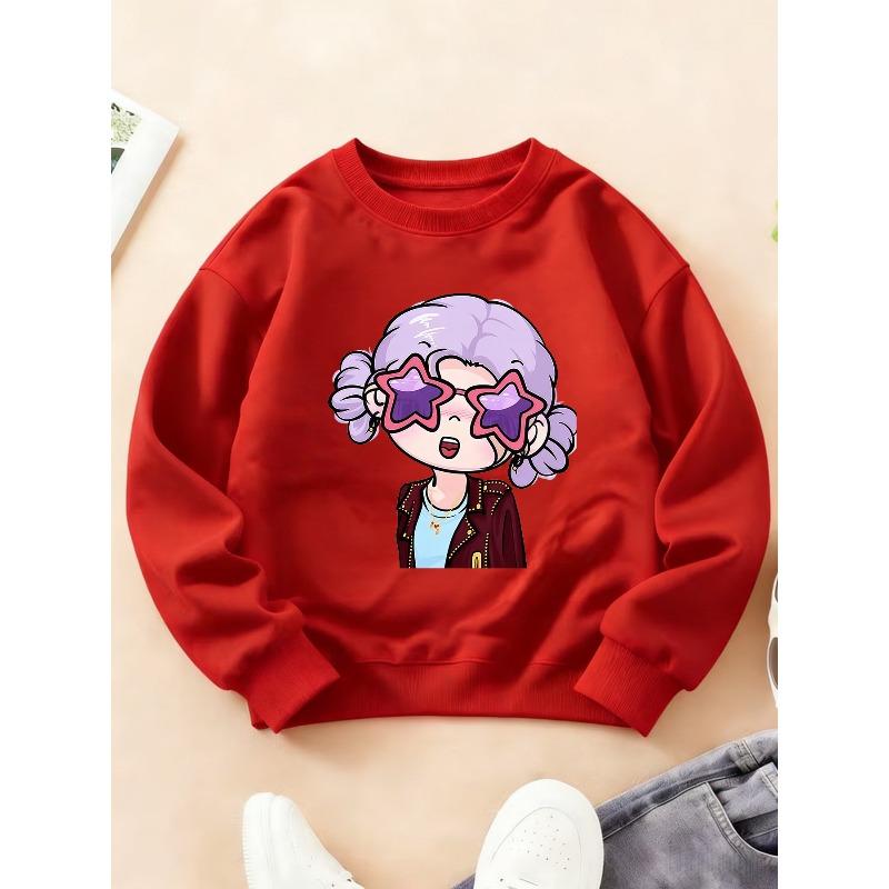 Kids Crewneck Long Sleeve Sweatshirt, Sweet Cool Cartoon Print of Purple-Haired Girl with Starry Glasses