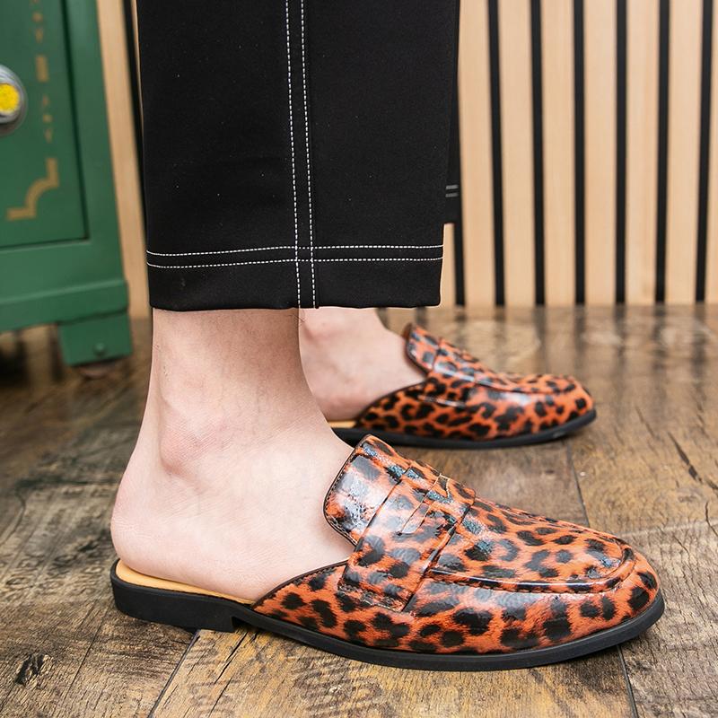 Men's Slippers Mule Loafers Leopard Print Leather Clogs Summer Dress Sandals Casual Backless Half-drag Shoes Plus Size