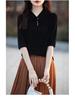Women's 80s Merino Wool Mid-Sleeve Sweater – Thin, Loose, Turn-Down Collar Top