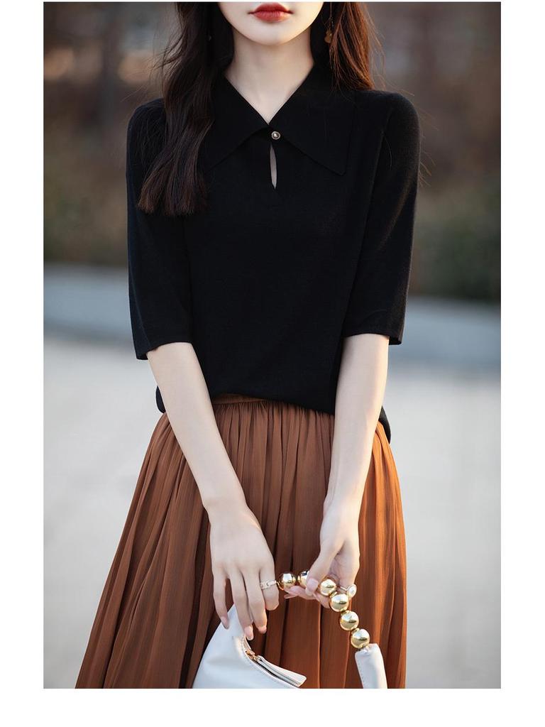 Women's 80s Merino Wool Mid-Sleeve Sweater – Thin, Loose, Turn-Down Collar Top