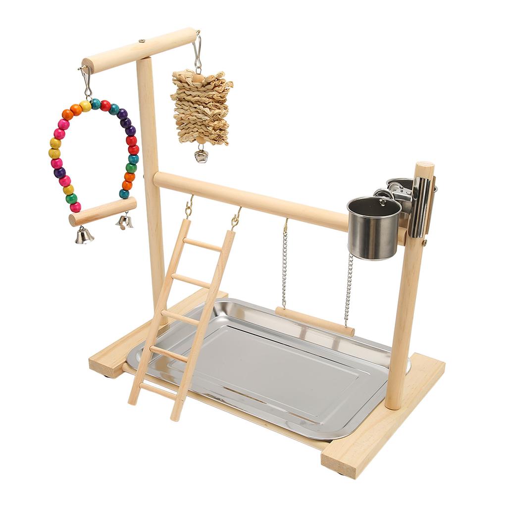 Wood Parrot Playstand Stand Safe Bite Resistant Relieve Boredom Bird Playground with 2 Feeding Cups for Birds Parrots