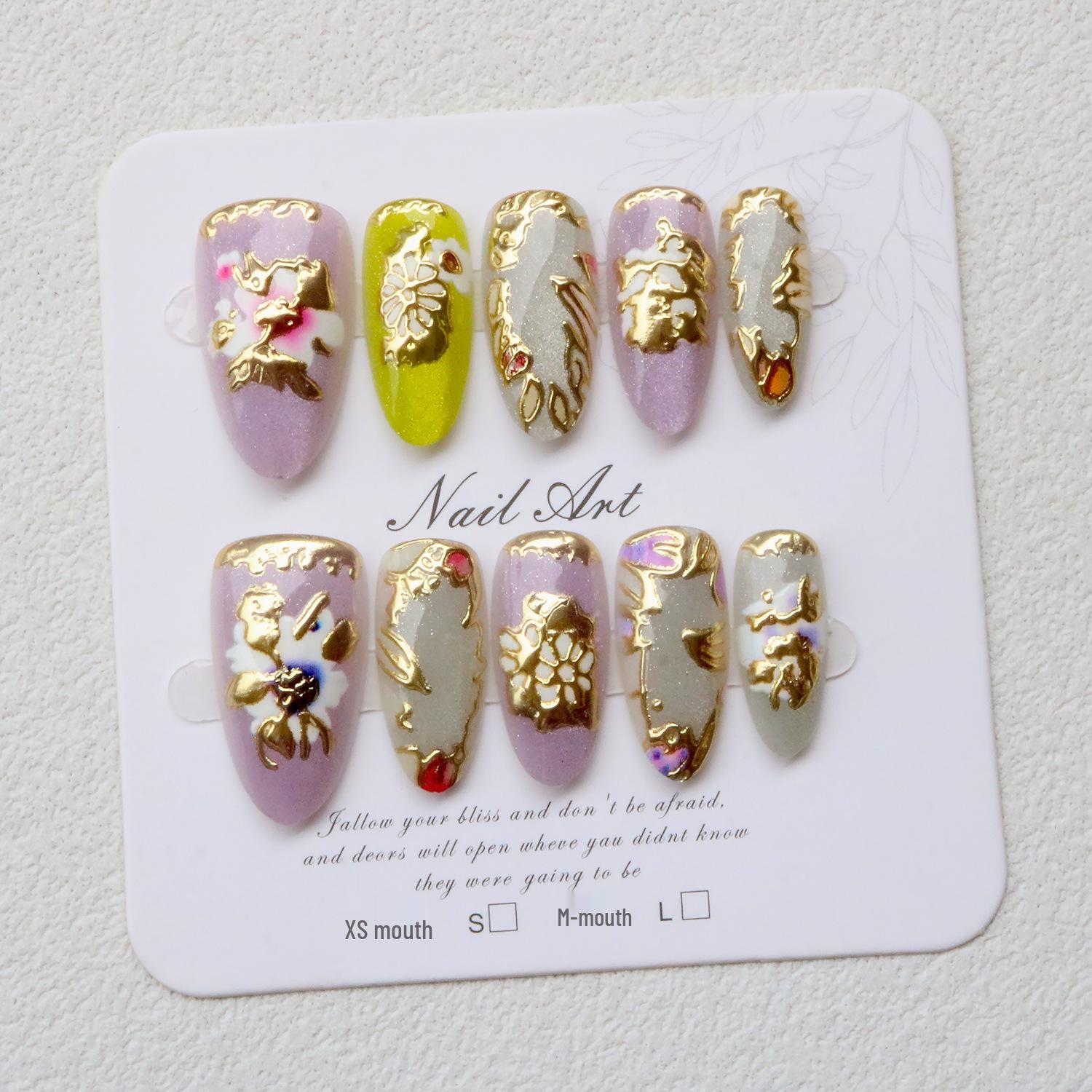 Luxurious Gold-Plated Cat s Eye Begonia Flower Nail Tips - Elegant Chinese Style