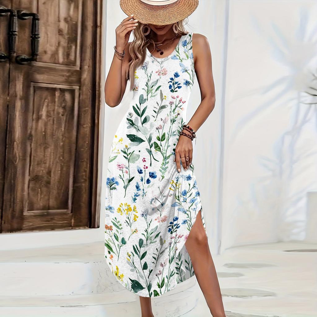 Women Sleeveless Floral Print Maxi Dress Casual Loose Fit Long Sundress Summer Lightweight Tank Style Beach Outfit