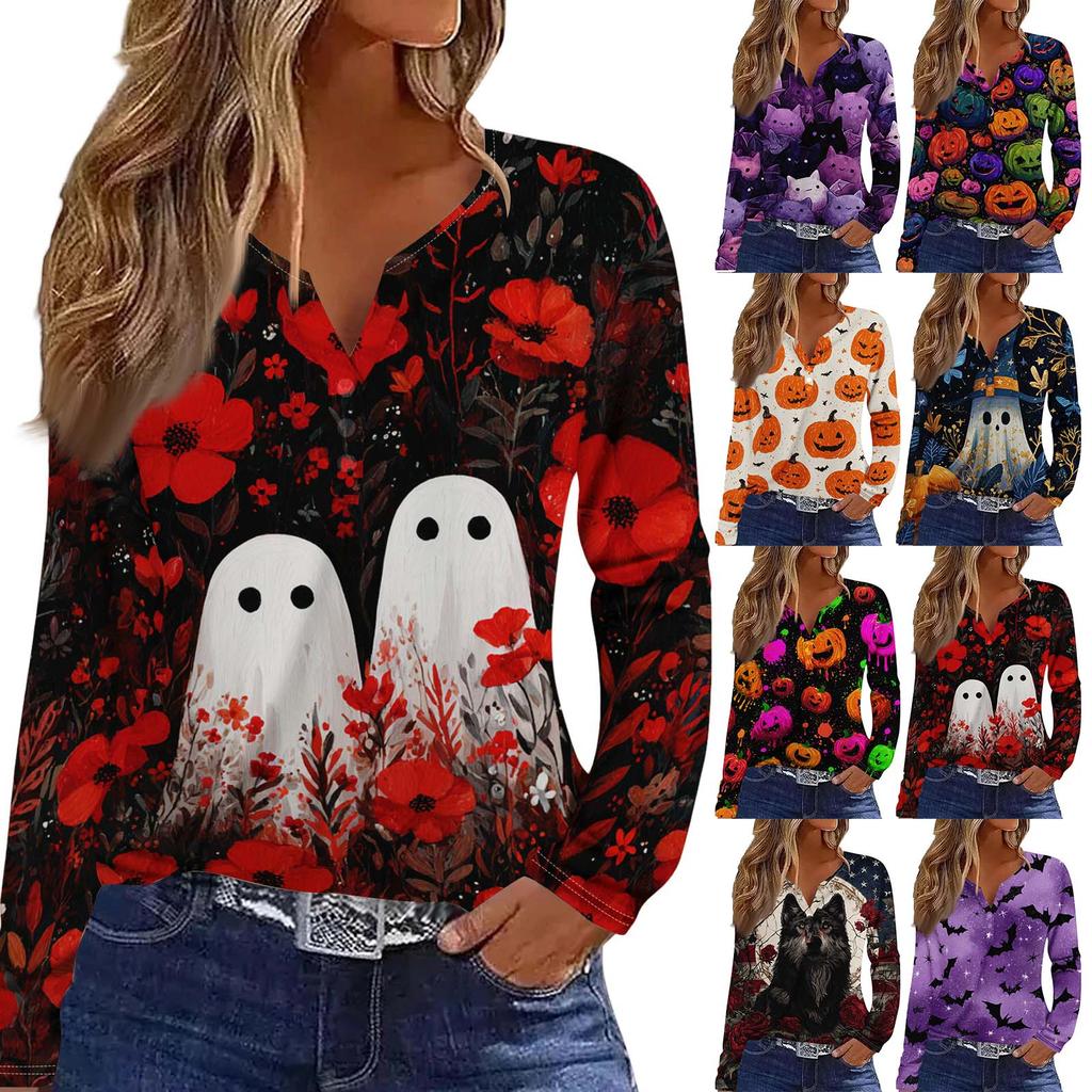 Women's Casual Long Sleeve V-Neck T-Shirt with Halloween Print and Decorative Buttons