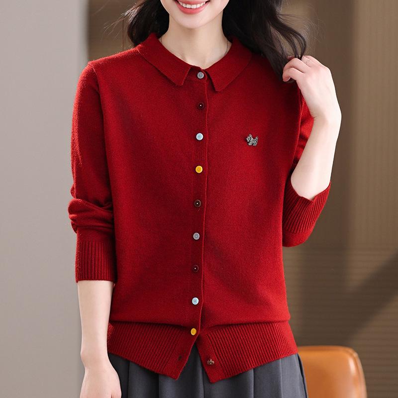 Women's Lapel Knit Cardigan - Chic, Versatile Spring/Autumn Jacket, Slimming Loose Fit, Ideal for Middle-Aged and Elderly Moms