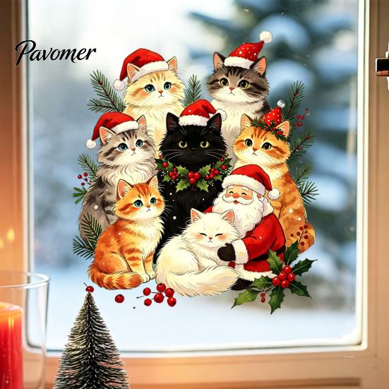 Waterproof Window Film Cat Christmas Static Cling Decal, PVC Festive Sticker, Easy Apply Decals Decorative for Home Living Room Storefront Display