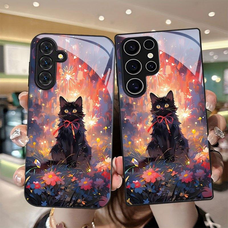 Tempered glass phone case for Samsung For Galaxy S26 S21 S22 S23 S24 S25 and FE Ultra Plus. Cute black cat design.