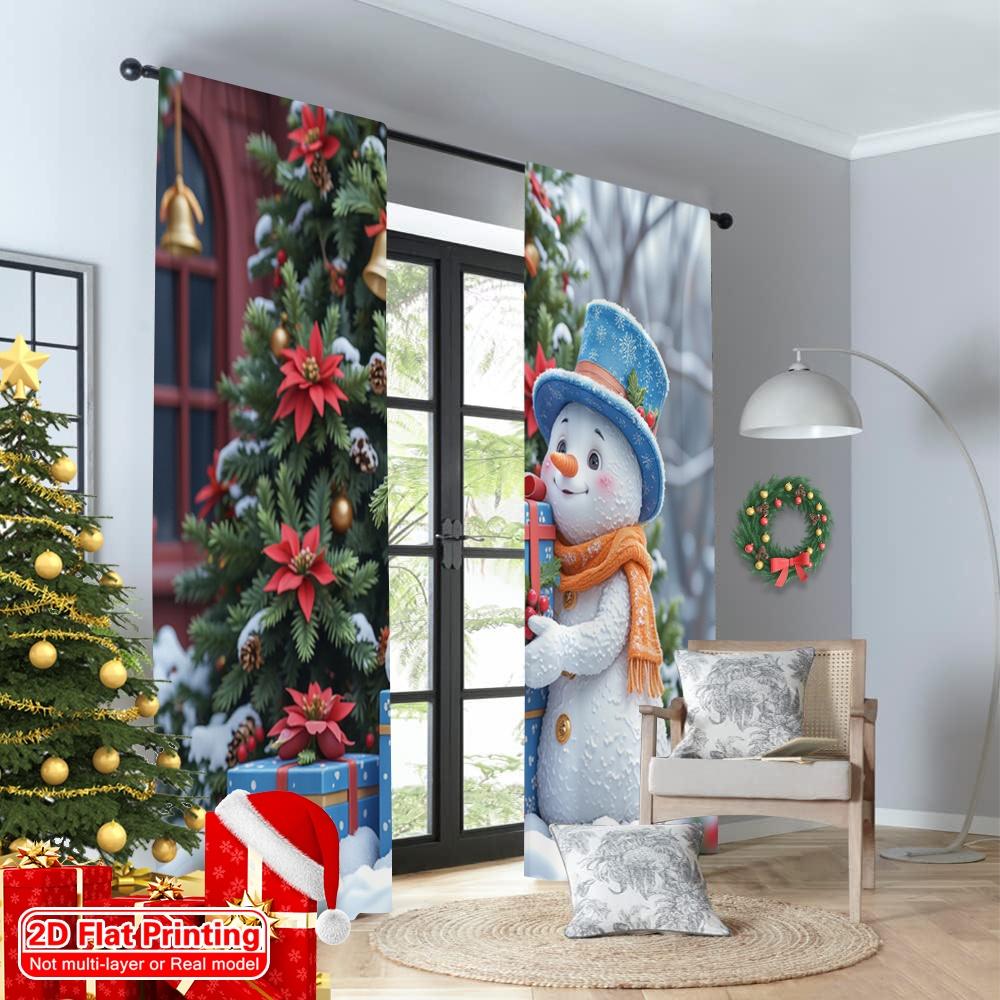 2pcs 2D Flat Printing Merry Christmas Party Curtains Cute Snowman Christmas Gift Polyester Without Electricity Party Decorations