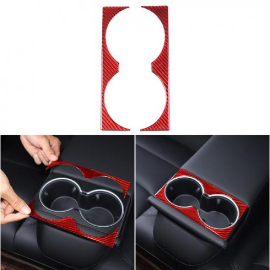 Red Carbon Fiber Water Cup Holder Frame Cover Trim For Tesla Model 3 -24