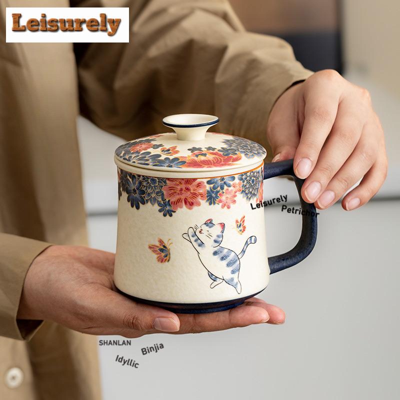320ml Hand Painted Little Cat Rock Mineral Filter Tea Separator Cup Ancient Tea Mug With Infuser Tea Brewing Office Water Cup