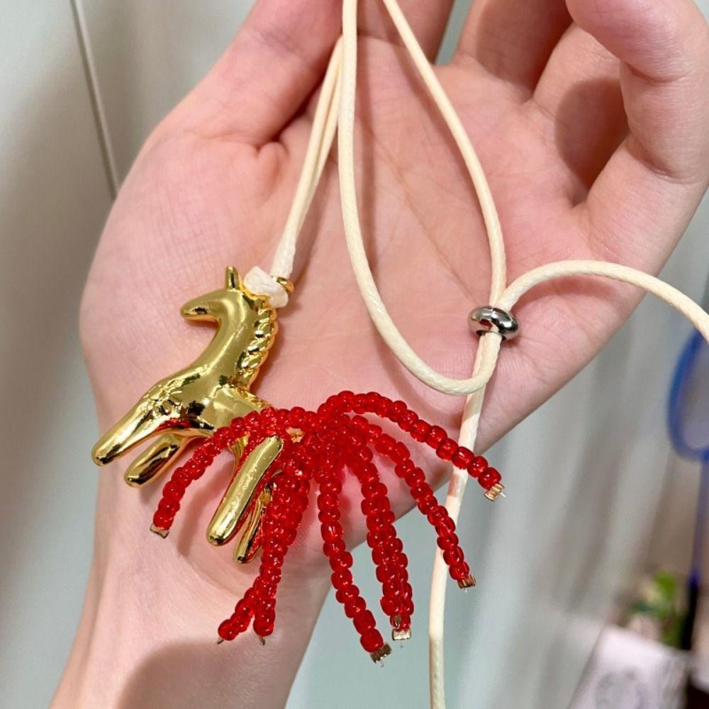 Sweater Chain Wax Rope Necklace Long PU Leather Necklace Pony Pendant Necklace Horse Year Gift