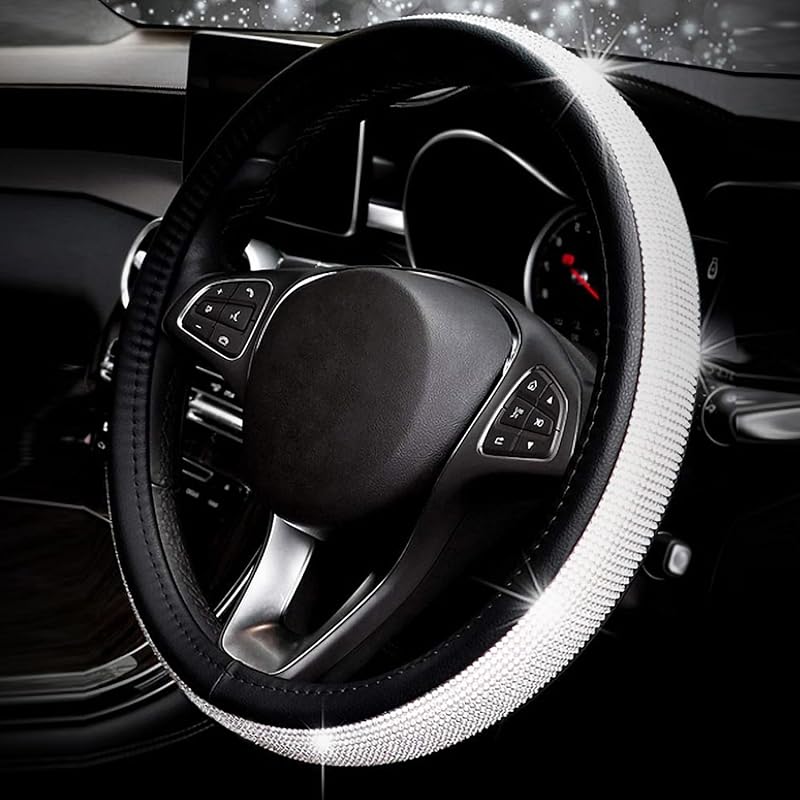Black Leather Bling Diamond Steering Wheel Cover For Women Universal Fit 14.5In-15In