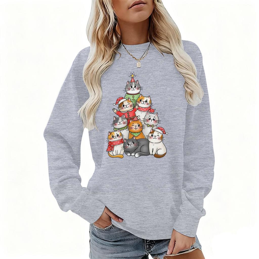 Damen Katze Kawaii Cartoon Sweatshirt Frohe Weihnachten Niedliche Tier-Pullover Lange Ärmel Meowy Christmas Cartoon Kapuzenshirt