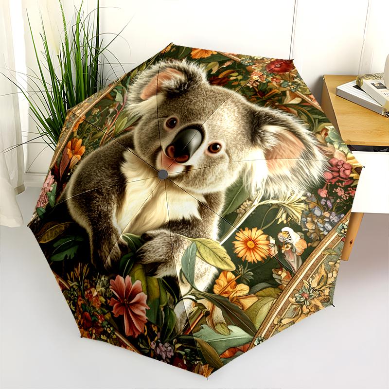 Fantasia koala e fiori, ombrello pieghevole automatico, design portatile e pieghevole, 8 stecche, un regalo di Natale o di compleanno.