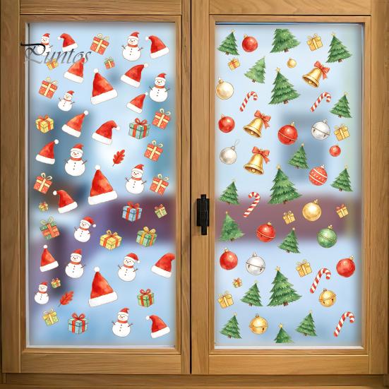 PVC Window Cling Christmas Static Cling, Xmas Tree Snowman Santa Hat Bell Waterproof Glass Sticker, Removable Reusable Decoration Decal for