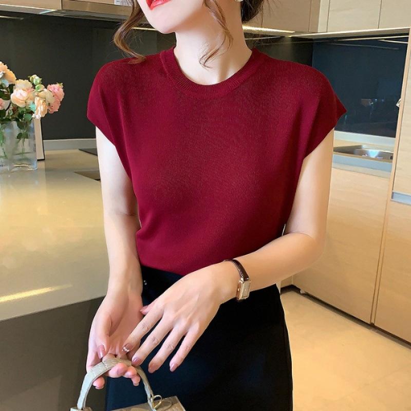 New ice silk knitted sweater women's summer thin shoulder sleeves loose and thin round neck short-sleeved bottoming top