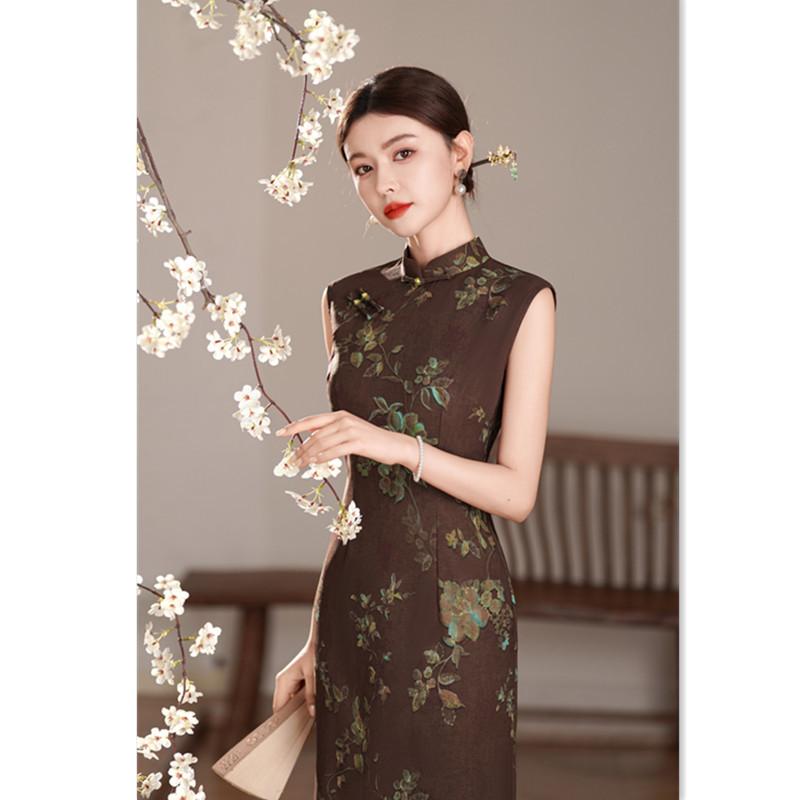 New Chinese Hong Kong Style Sleeveless Tencel Hemp Cheongsam Women's 1011 Summer New Waist Slim Young Daily Wear