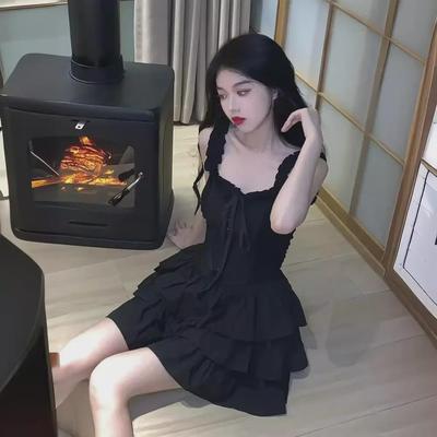 Hepburn Black Wood Ear Sling Dress - Sexy Petite Ruffle Cake Skirt for Summer