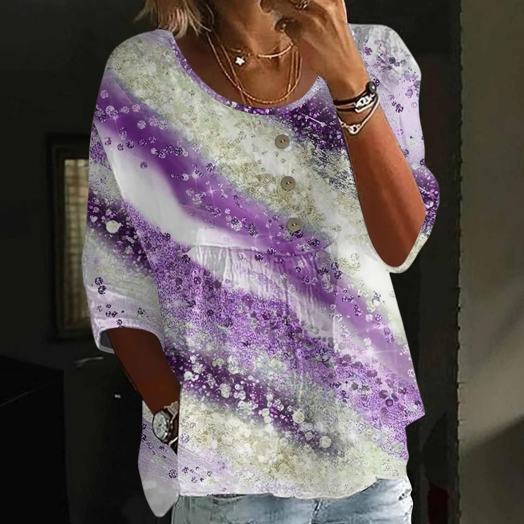 Women's Fashion Casual Three-quarter Sleeve Loose Round Neck Button Floral Print Top