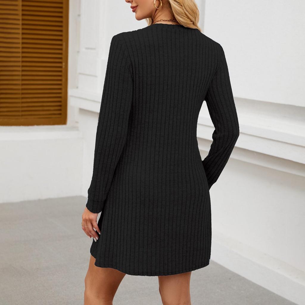 Womens V Neck Fall Dresses Long Sleeve Casual Sweater Short Dress Fashion Clothes