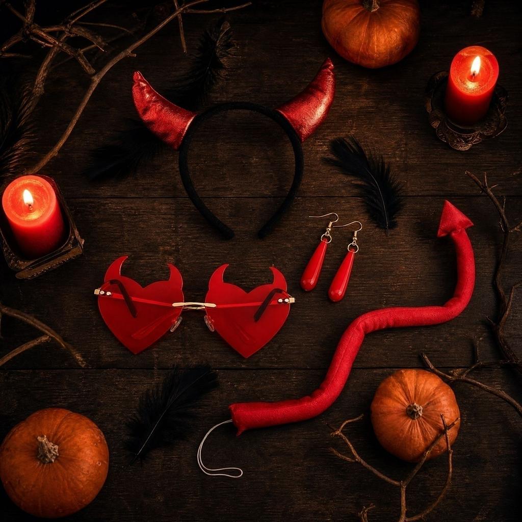 Halloween Devil Costume Accessories Set with Headband, Glasses, Earrings and Tail (0418A)