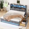 Upholstered Bed, 140 X 200cm, No Mattress, App-Controlled LED Light, Bed with Drawers Featuring Power Outlets and USB Ports, Built-In Storage