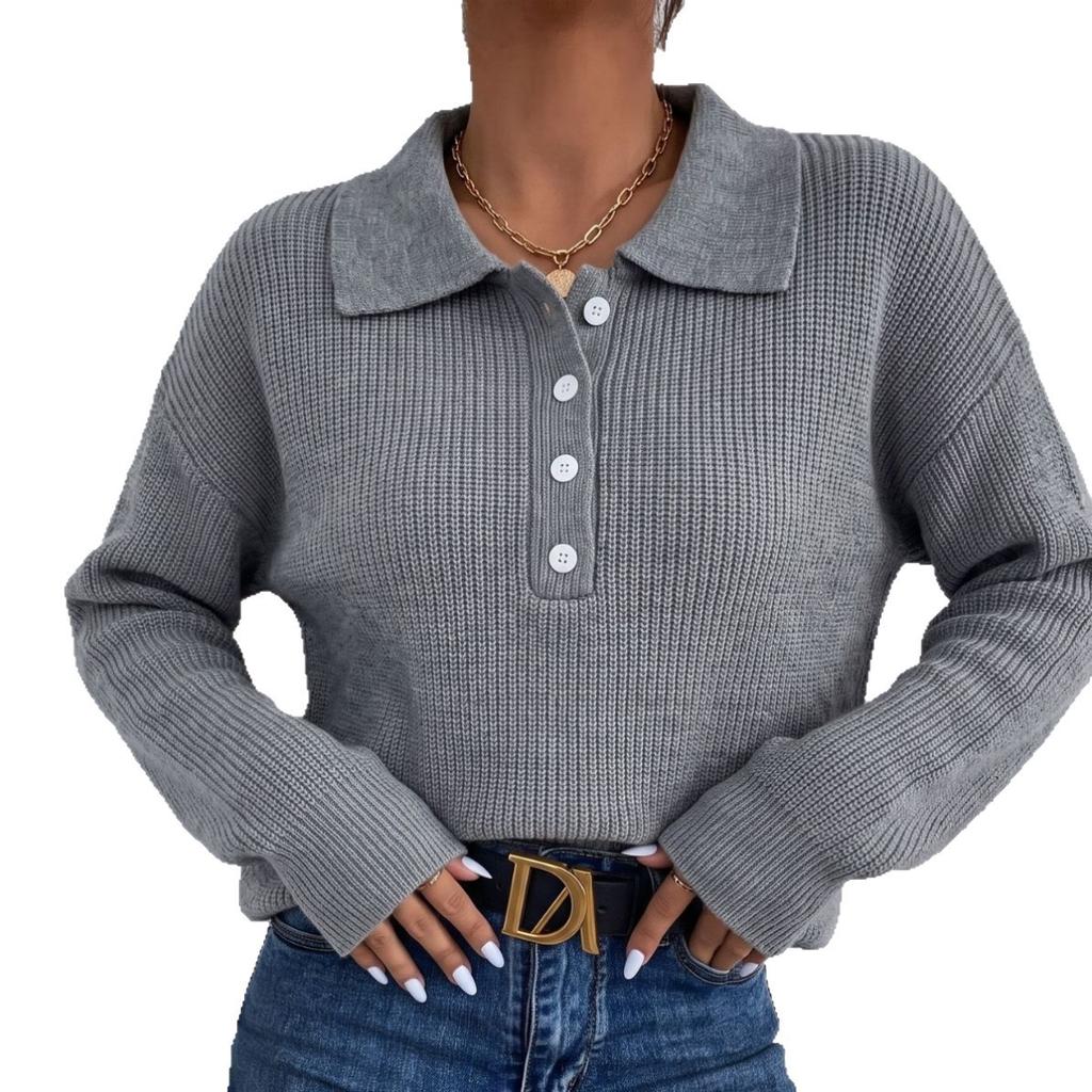 POLO Lapel Front Placket Button Pullover Sweater Women's Autumn and Winter Shoulder Loose Long Sleeves European and American Women's Clothing Spot