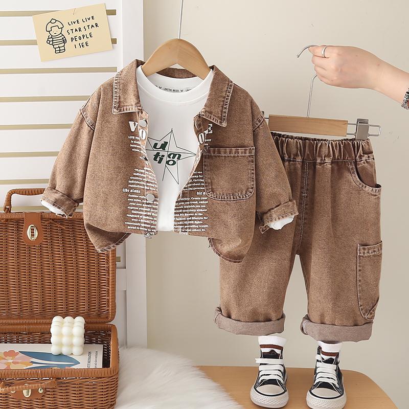 0-5-year-old Boys' Long Sleeved 3-piece Set, Boys' Fashion Suit, Children's Denim Jacket+white T-shirt+denim Pants