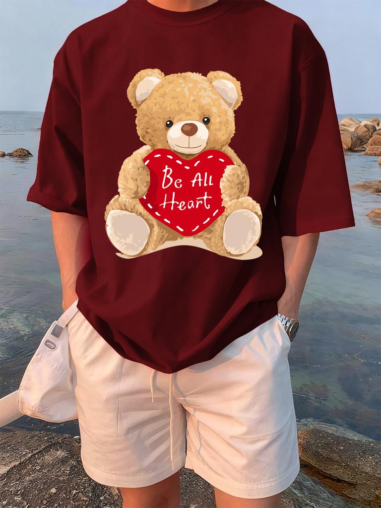 Cartoon Bear Gives You His Heart Prints TShirts Womens Summer Cotton Tops ONeck Soft Loose Short Sleeve Tees Casual Clothes
