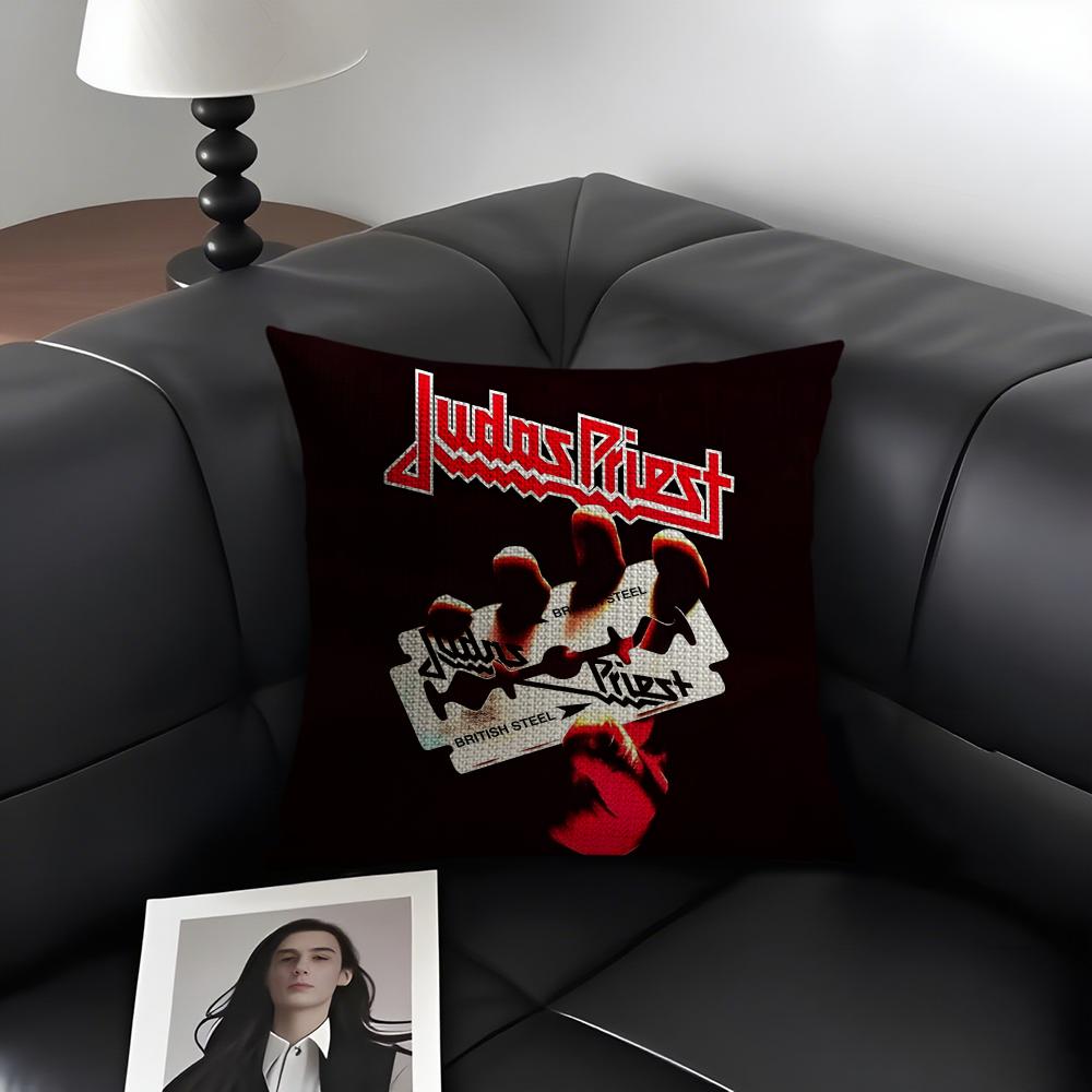 J-Judas Priestt Band Cushion Cover Natural Linen Organic Fabric Double-Sided Printing Sofa Home Decor Gift Pillow Case