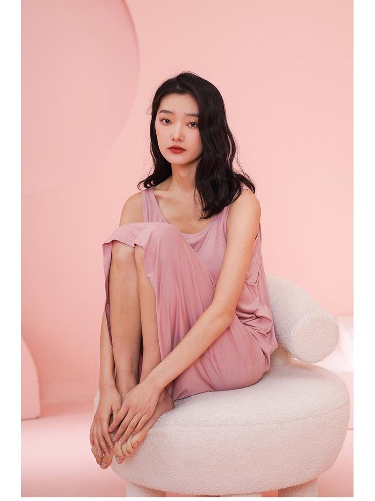 Women's Modal Sleeveless Nightgown with Chest Pad - Spaghetti Strap, Over-Knee Length, Sexy Summer Sleepwear