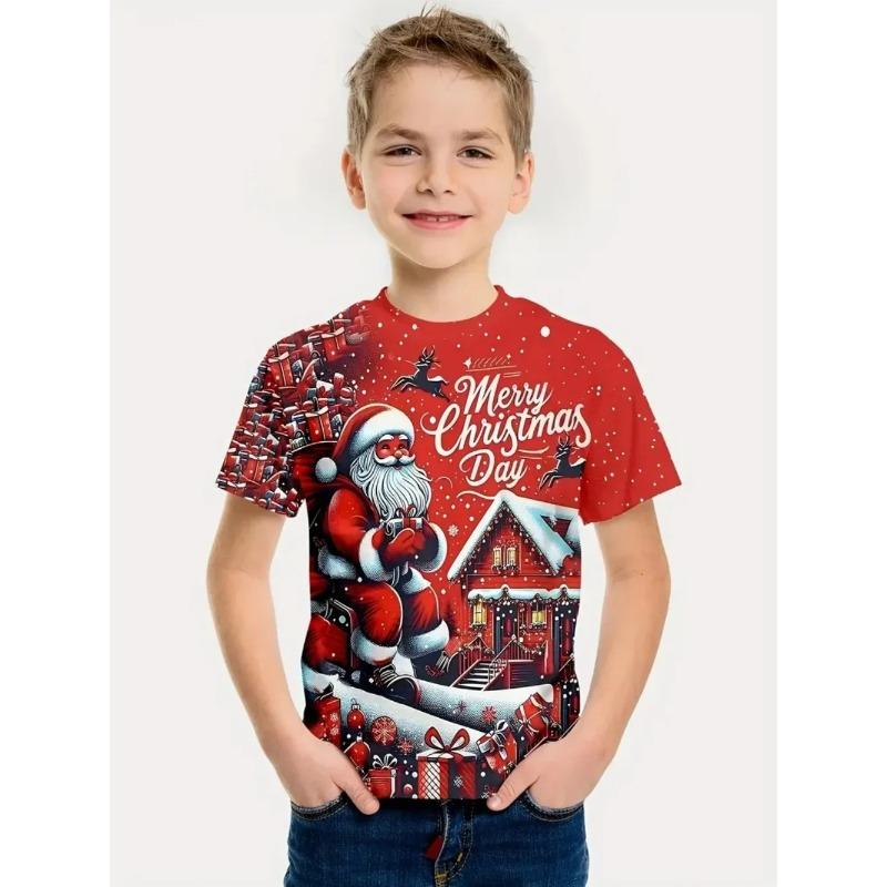 Summer Round Neck 3D Cute Cartoon Christmas Printed T-shirts Fashionable Casual Short Sleeved Children's Boy and Girl Kids Unisex T-shirts