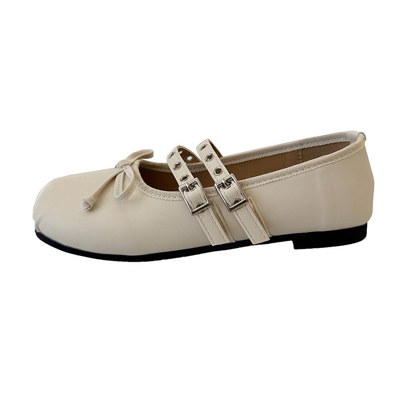 Retro Mary Jane Shoes Women's New Bow Buckle Belt Flat Bottom Inner Height Increase Single Shoes Ballet Leather Shoes