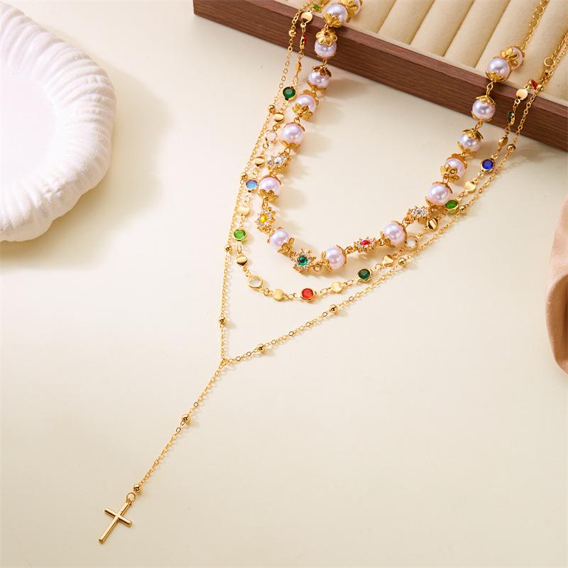 Pearl necklace, versatile, hip-hop style, unique, high-end feel, individuality, colored diamond, cross pendant, sweater chain