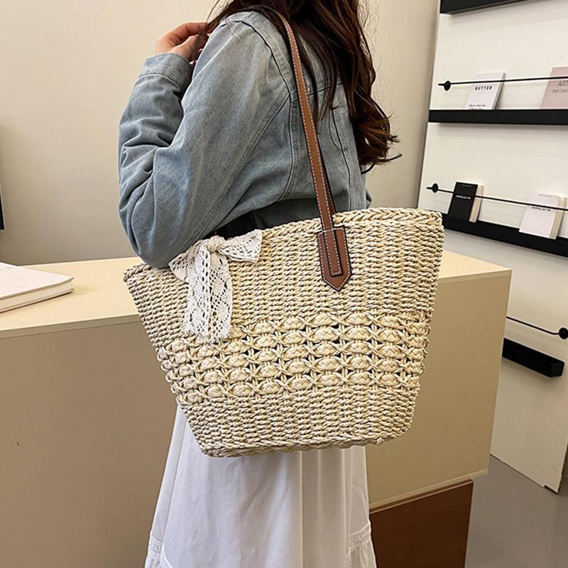 Yogodlns Summer Straw Woven Large Capacity Seaside Tote Bag Women's Basket New Beach Bag Shoulder Underarm Handbag