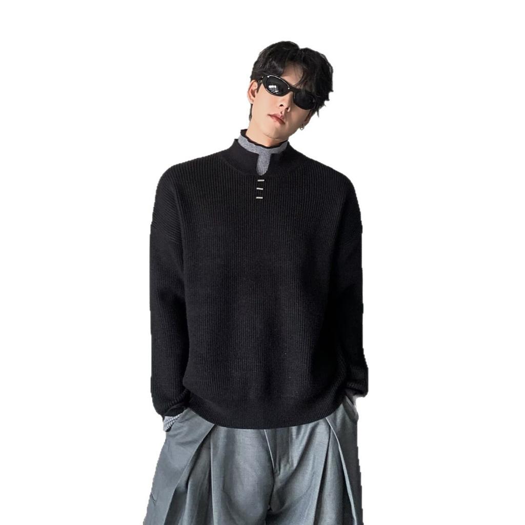 Niche fake two-piece contrasting color double-layer turtleneck sweater men's autumn popular style simple casual knitted sweater top