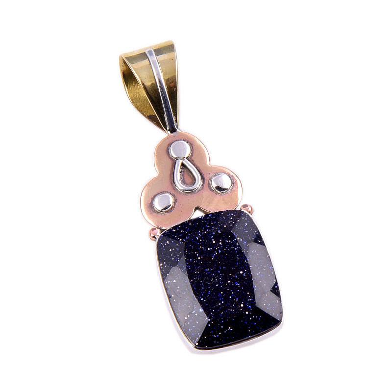Natural Blue Sunstone 925 Solid Sterling Silver Gift TwoTone Pendant 1.75" q1Y45