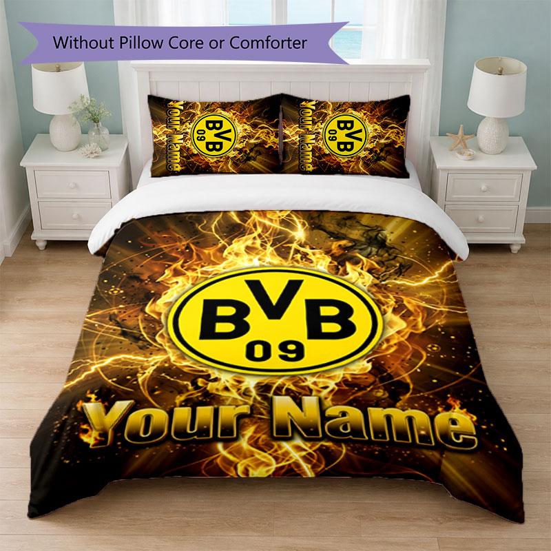 Borussia Dortmund Benutzerdefinierter Name Text Bettwäsche-Set 1 Bettbezug+2 Kissenbezüge Fußball-Logo Personalisierte Geschenkidee für besonderen Anlass Schlafzimmerdekoration
