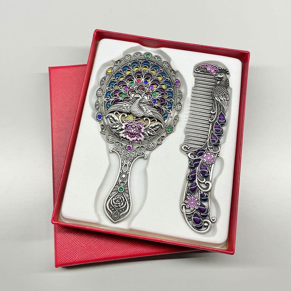 Peacock Open Screen Retro Small Mirror with Metal Handle Handheld Cosmetic Comb