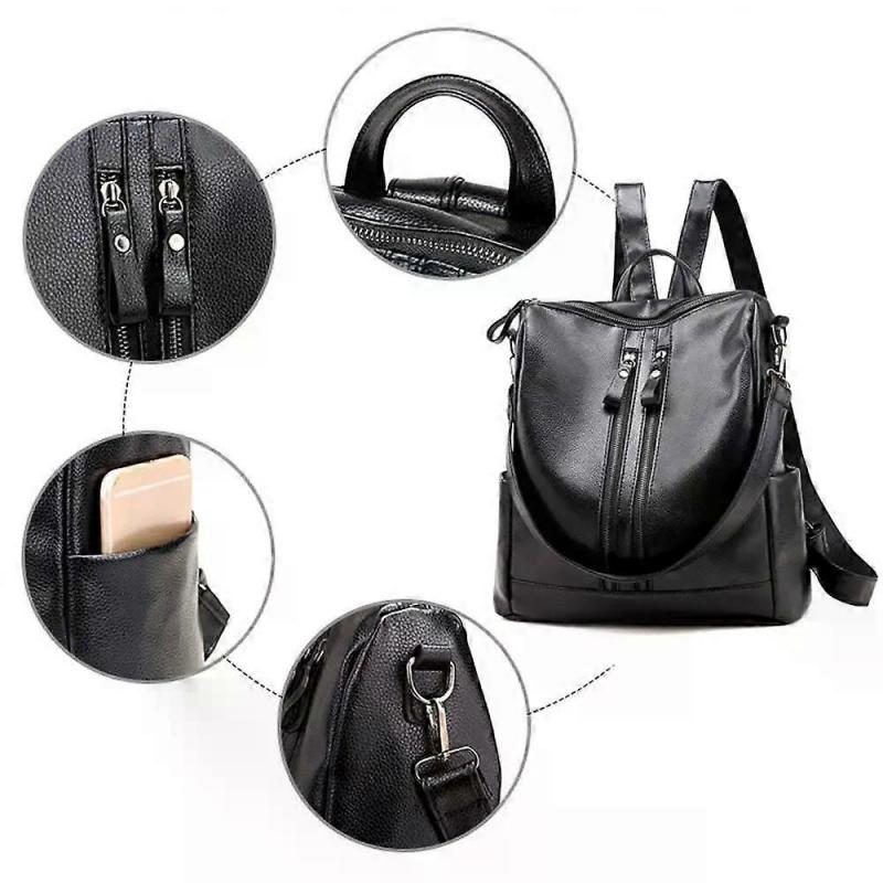 Women's Leather School Backpack, Multifunctional Large Capacity School Bag, Men's Travel Bag, Black