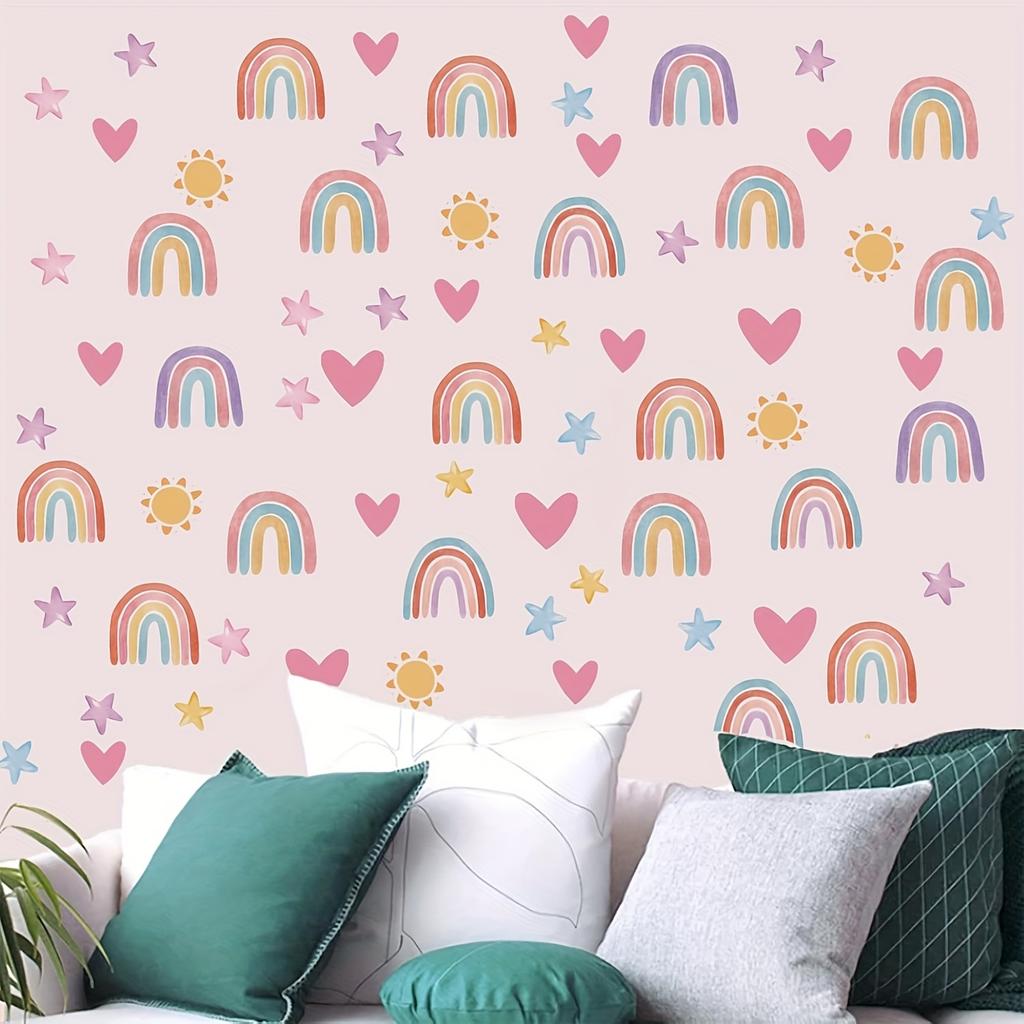 4 Sheets/set Bohemian Rainbow Wall Stickers, Watercolor Rainbow Heart Sun Star Wall Decals, Bedroom Wall Decor