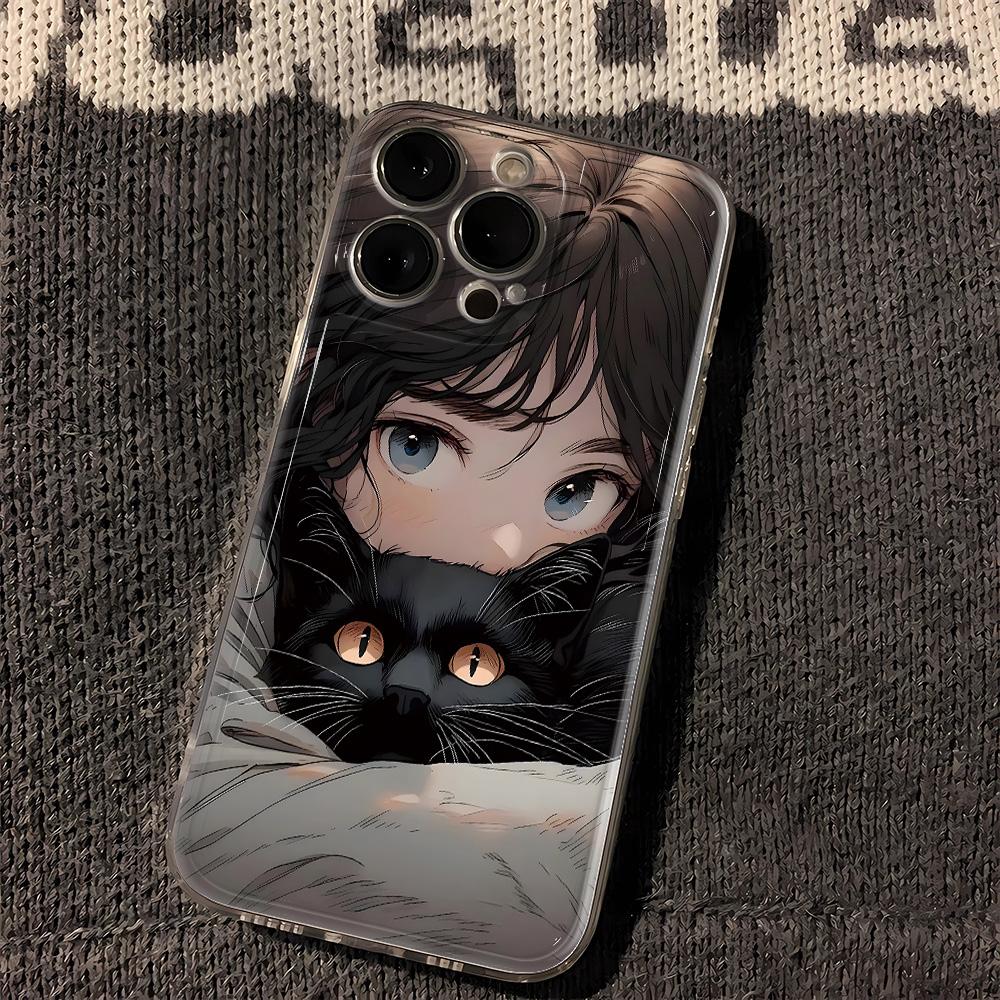 

Girl and White Cat Clear Phone Case for iPhone 17 16 15 14 13 12 11 16E Series Pro Max Plus Double Layer Protection iphone 15 Pro