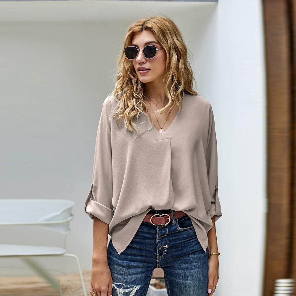 Women's V Neck Three Quarter Sleeve Blouse Loose Fit Office Solid Color High Low Hem Shirt Casual Work Top For Autumn Daily Wear