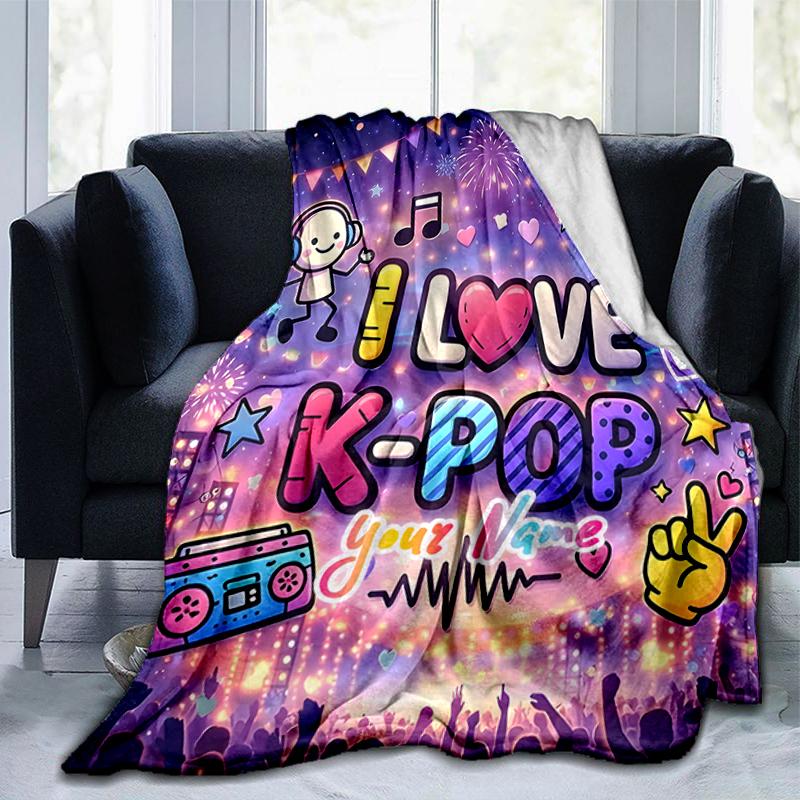1PC Custom Name Love K-Pop Festival Outdooor Flannel Blankets Throw Blanket All-Season Throw Gift Bedspread for Couch, Bed, Camping Holiday Birthday G