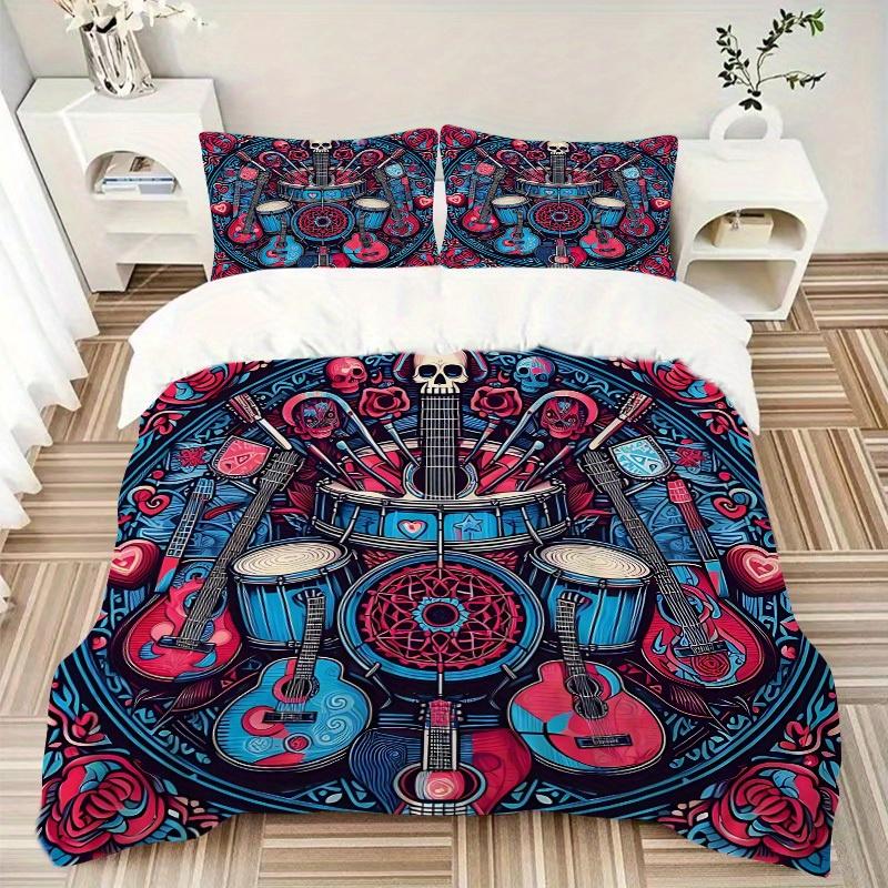 3pcs Guitars Roses Bedding Cover Set, Fashion Classic Popular Print Bedding Set, Soft Comfortable, All Season Use, For Bedroom, Guest Rooma0819128