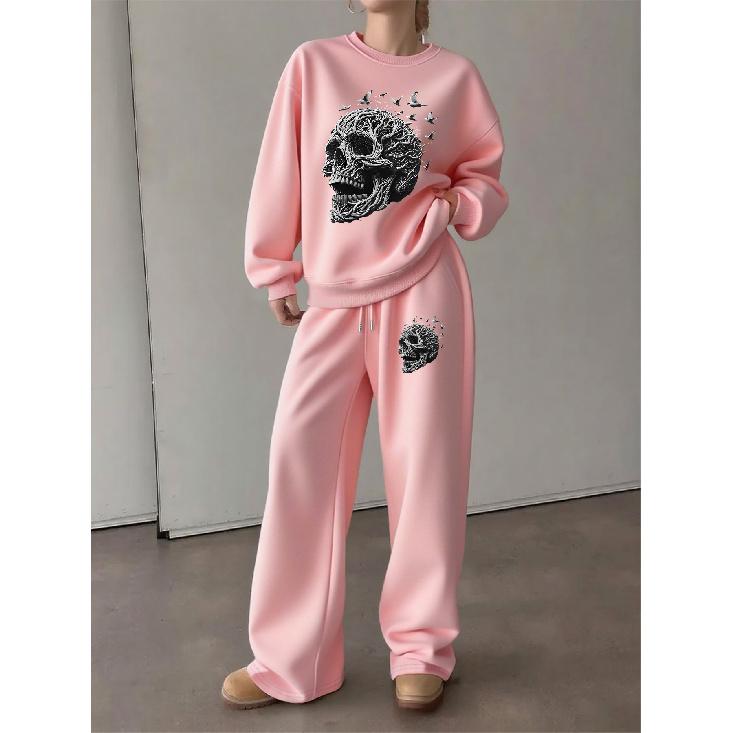Damen Crewneck Sweatshirt & Hose mit Kordelzug und geradem Bein 2-teiliges Set, Lässiges Set mit auffälligem Totenkopf-Print, Entspannte Passform & Vielseitige Freizeitkleidung