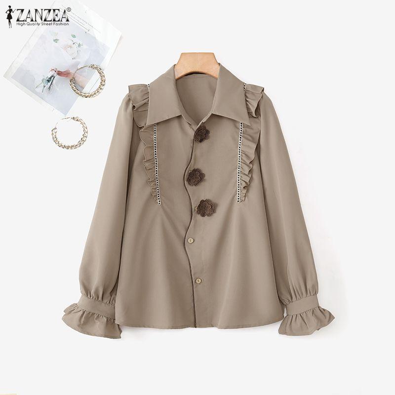 ZANZEA Camicetta Classica da Donna Casual con Collo a Revers, Manica Lunga Larga