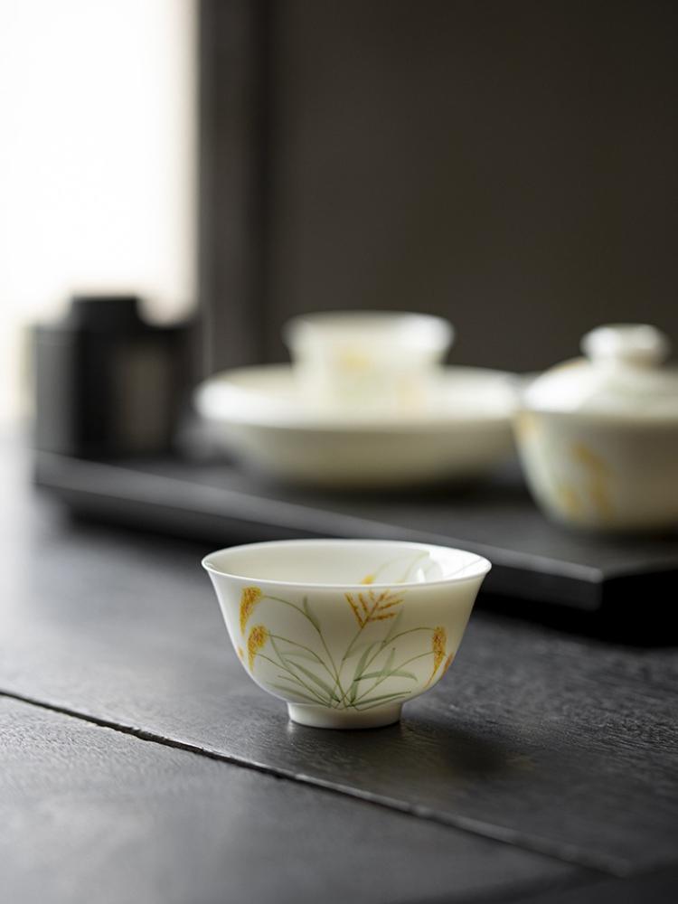 Hand-Painted Wheat White Porcelain Tea Cup - Large Zen Master Cup for Home, Pu-erh Tea Andmade Ceramic Drinking Gift