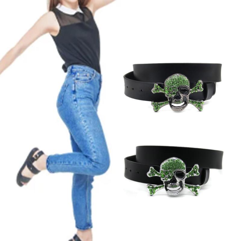 Skull Head Buckle Belts Woman Waist Strap Rhinestone Buckle Belts Western Cowboy Y2k Girls Fashion Belt for Jeans
